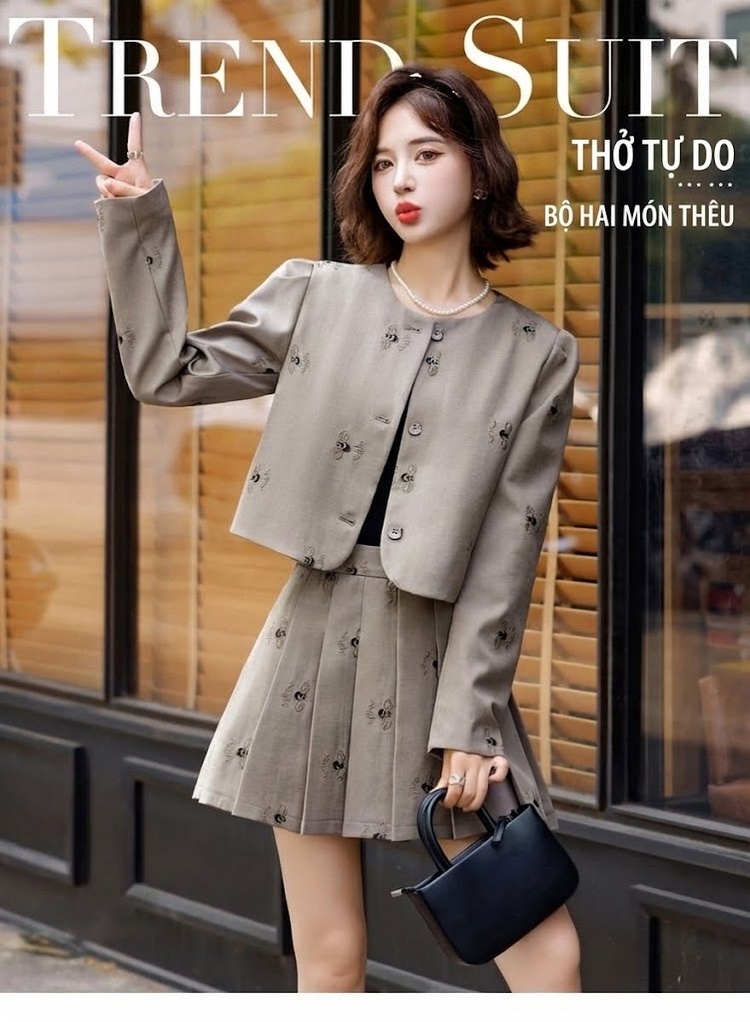 Set Áo Khoác và Chân Váy Ngắn Xếp Ly Phong Cách Tiểu Thư Màu Đen, Xám chi tiết 1