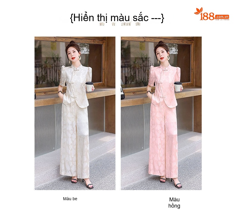 Set Bộ Quần Áo Nữ Kiểu Trung Hoa Cách Tân Áo Tay Ngắn Quần Ống Rộng Thời Trang Màu Trắng, Hồng chi tiết 11