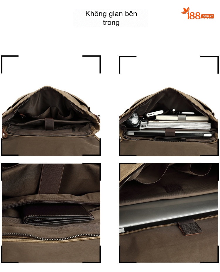 Túi Đeo Chéo Vải Canvas Nam Nữ Túi Đựng Máy Ảnh Một Bên Vai Da Thật Màu Nâu, Xanh Rêu, Xám, Đen... chi tiết 13