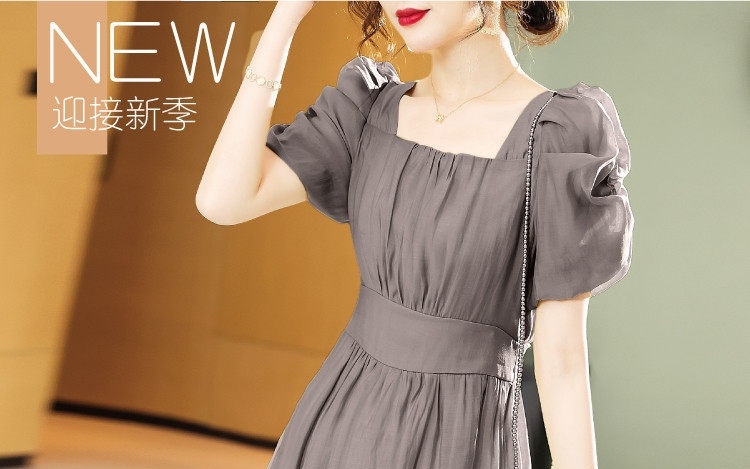 Váy Tea Dress Nữ Cổ chữ Vuông Tay Bồng Dáng Ôm Phong Cách Pháp Màu Xám chi tiết 3