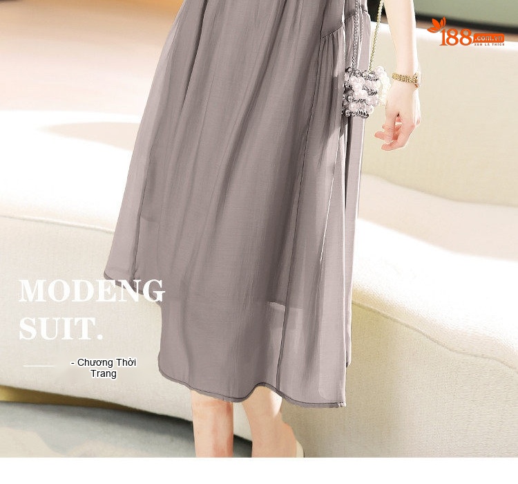 Váy Tea Dress Nữ Cổ chữ Vuông Tay Bồng Dáng Ôm Phong Cách Pháp Màu Xám chi tiết 4