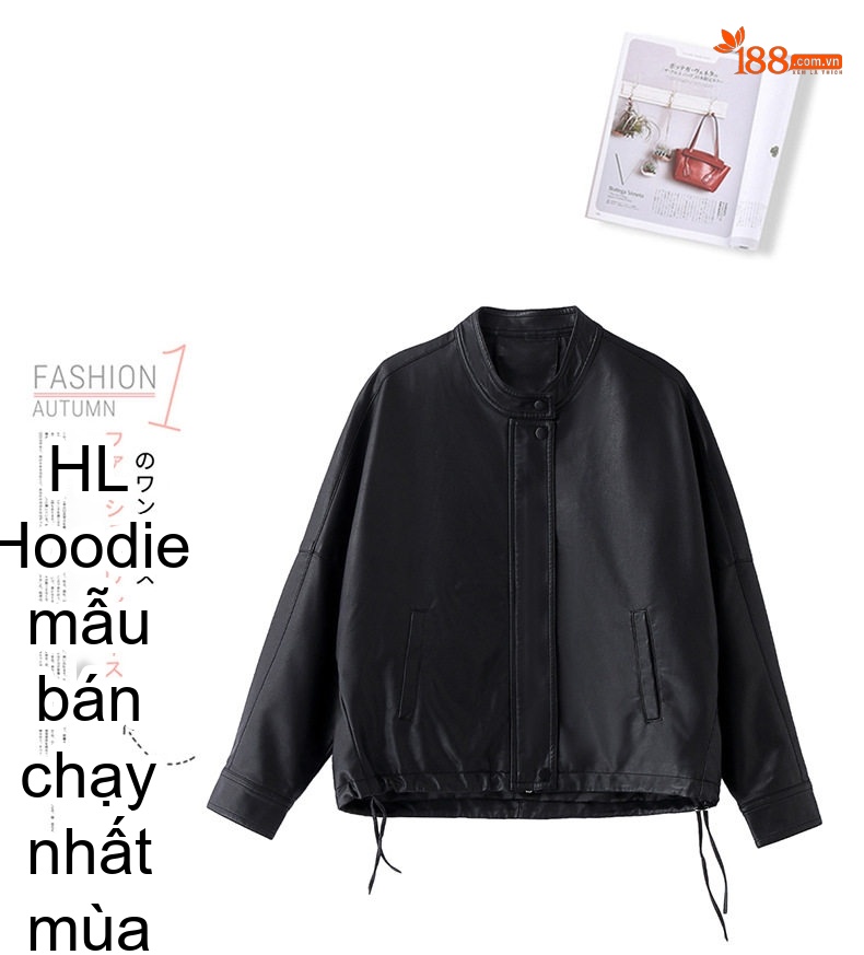 Áo Khoác Da Nữ Cổ Trụ Kiểu Mỹ Retro Dáng Ngắn Rộng Màu Đen, Nâu chi tiết 8