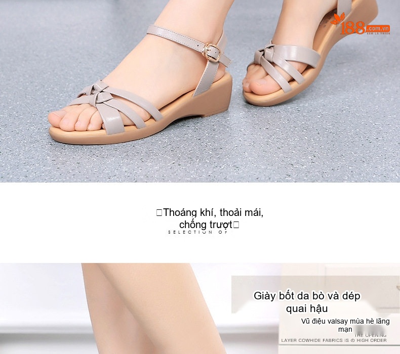 Dép Sandal Nữ Quai Ngang Da Bò Đế Cao 5cm - 6cm Màu Đen, Kem chi tiết 27