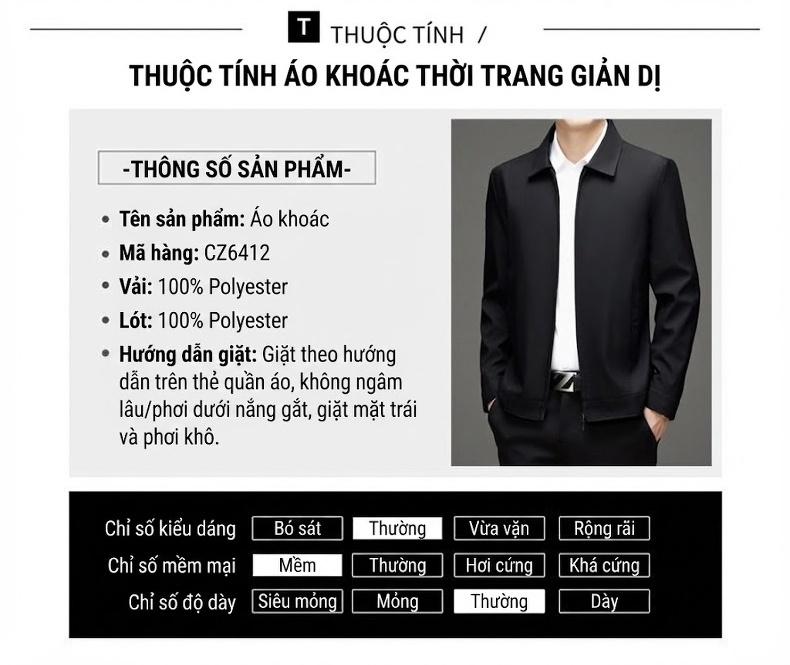 Áo Khoác Nam Cổ Bẻ Khóa Kéo Phong Cách Doanh Nhân Màu Đen, Xanh Navy chi tiết 7