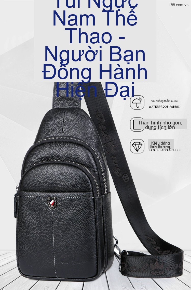 Túi Đeo Ngực Nam Da Bò Dây Đeo Chéo Hai Khóa Kéo Phong Cách Thời Trang Màu Đen chi tiết 1