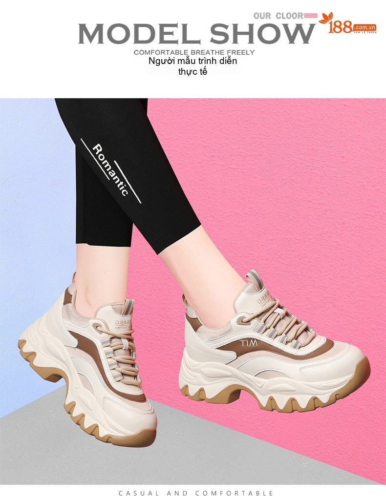 Giày Sneaker Nữ Đế Dày Tăng Chiều Cao Phong Cách Thể Thao Chiều Cao Đế Khoảng 5cm Màu Kem, Trắng, Nâu, Đen chi tiết 8