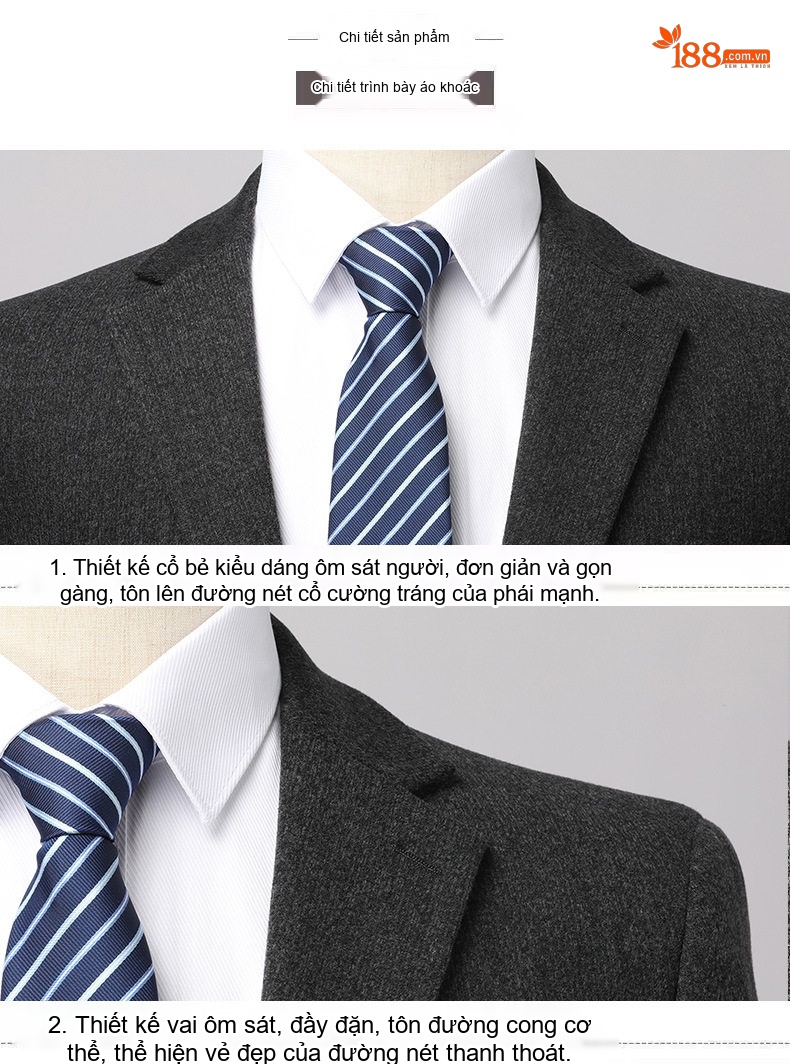 Bộ Vest Nam Wool (Lông Cừu) Dày Dặn, Chống Nhăn, Dáng Đứng, Phong Cách Doanh Nhân Màu Xám Đậm chi tiết 4