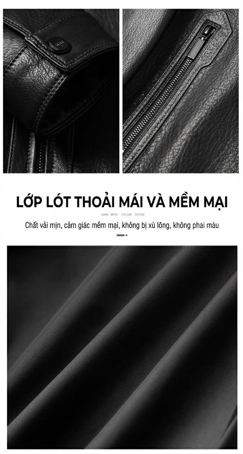 Áo Khoác Da Dê Nam Cổ Bẻ Khóa Kéo Phong Cách Lịch Lãm Màu Đen chi tiết 4