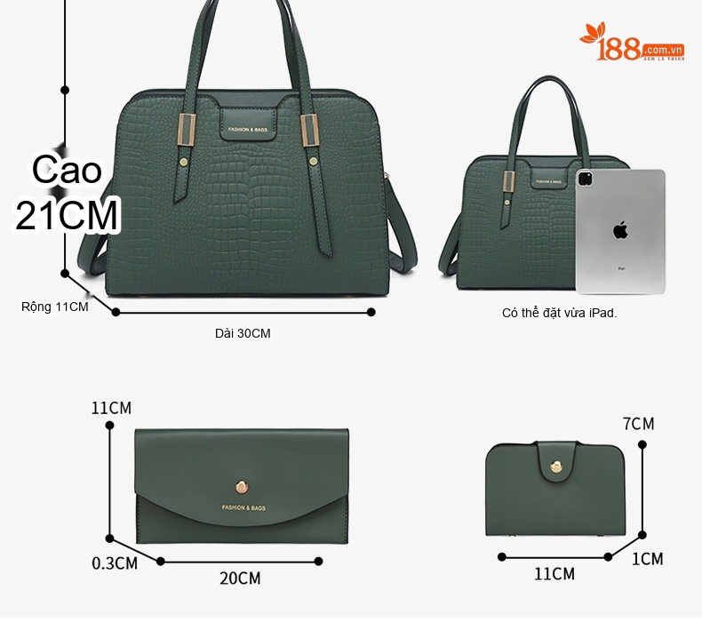 Túi Xách Nữ Set 3 Món Da PU Dáng Vuông Lớn Vân Đá Màu Nâu, Xám, Đỏ, Xanh... chi tiết 5