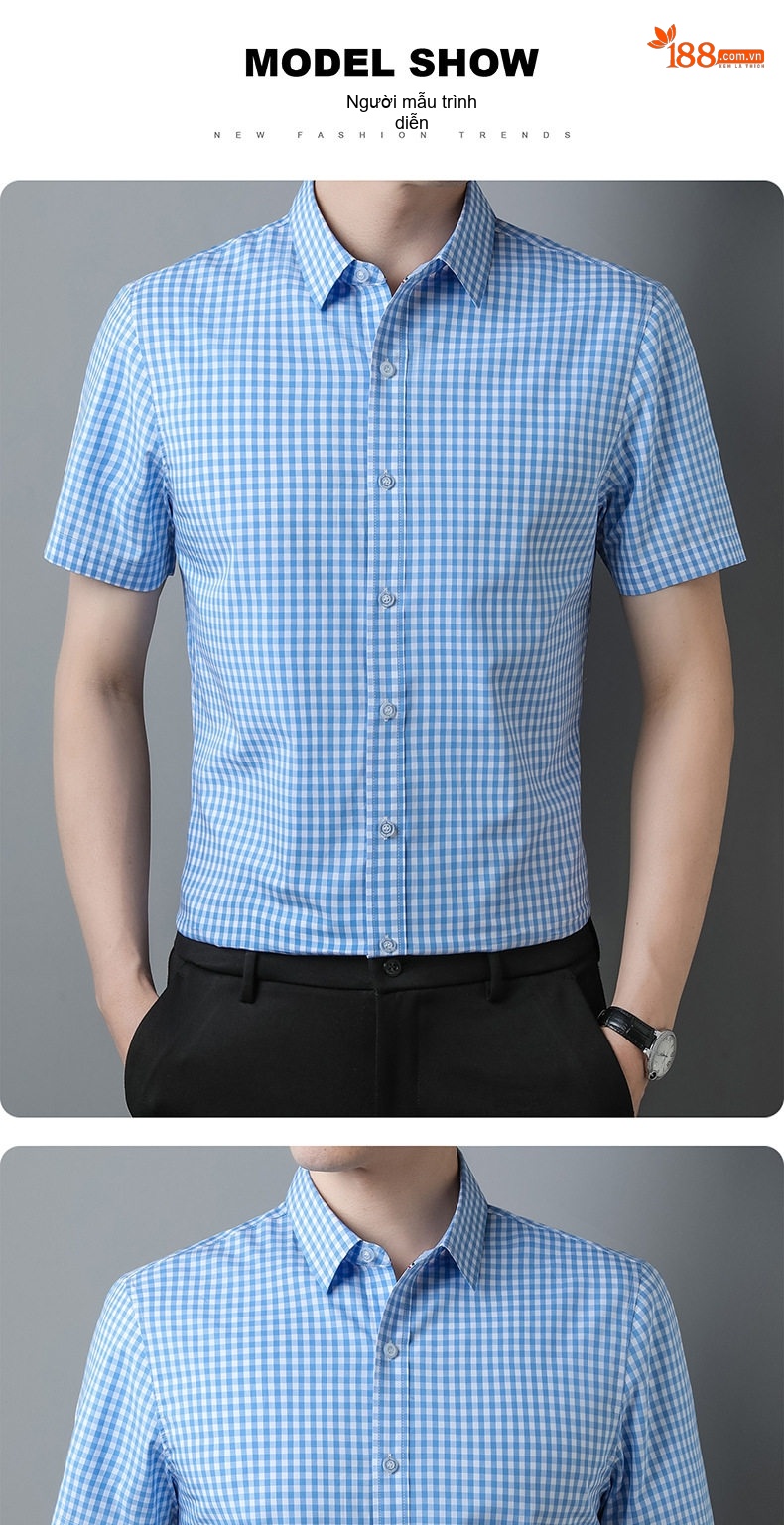 Áo Sơ Mi Nam Tay Ngắn Cotton Họa Tiết Caro Thời Trang Màu Xanh, Đỏ, Đen chi tiết 9
