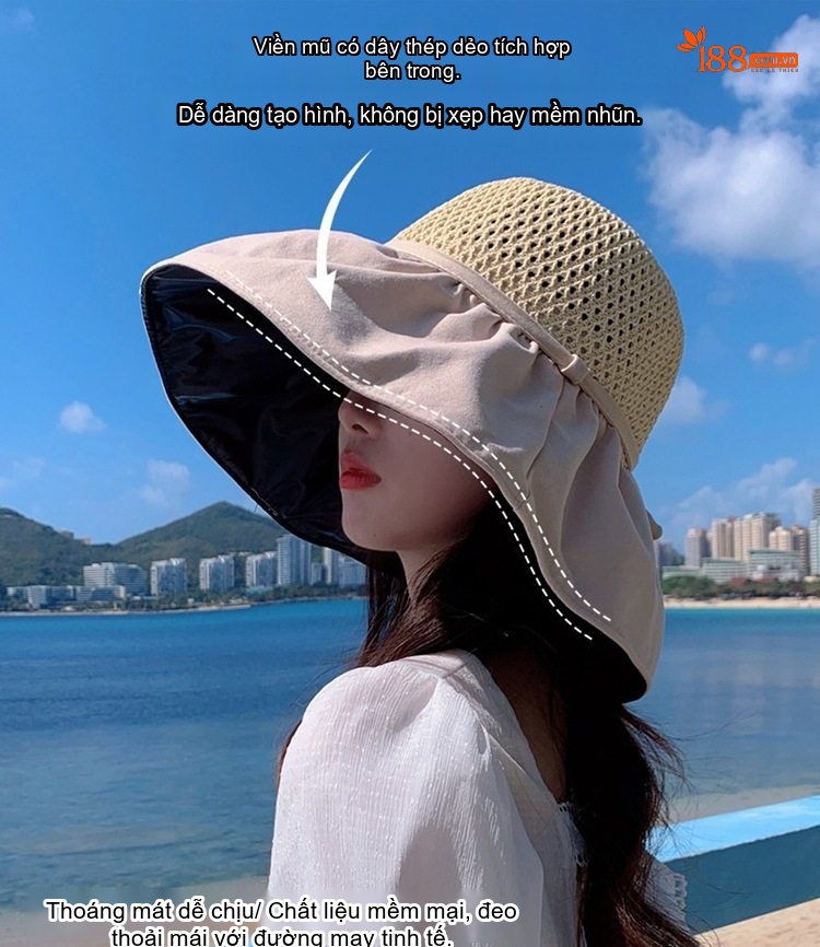 Mũ Cói Nữ Chống Nắng Chống Tia UV Vành Rộng Thời Trang Đi Biển Màu Be, Đen, Hồng, Nâu... chi tiết 1