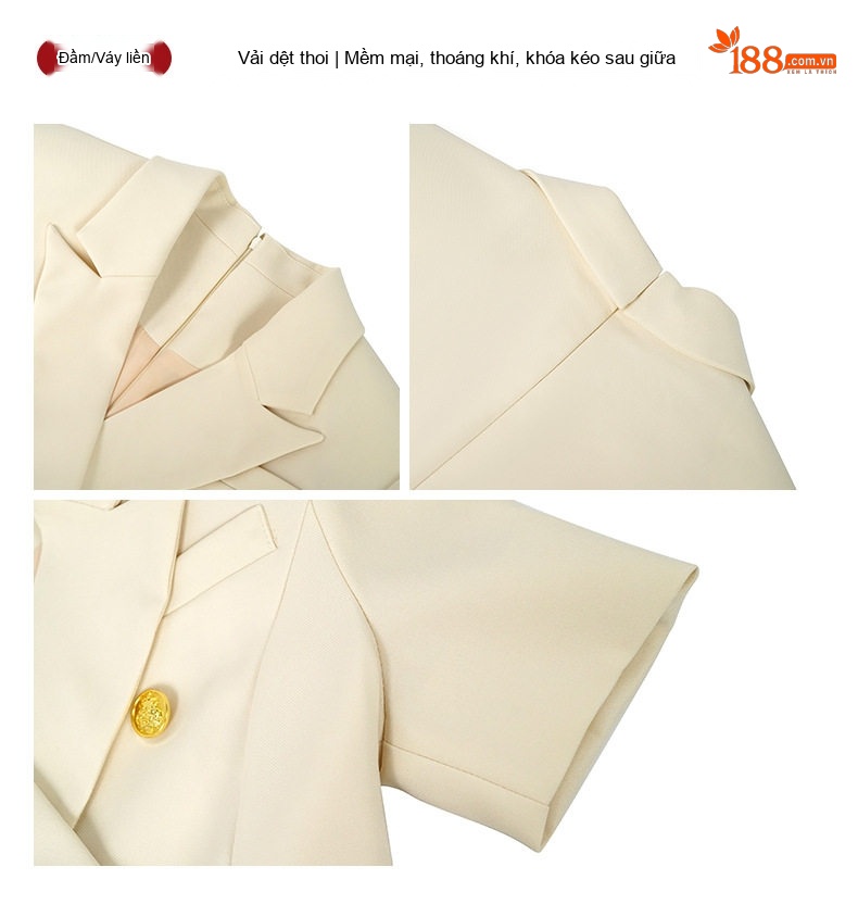 Váy Đầm Công Sở Nữ Tay Ngắn Cổ chữ Vest Hai Hàng Khuy Ôm Dáng Màu Đen, Nâu, Kem chi tiết 6