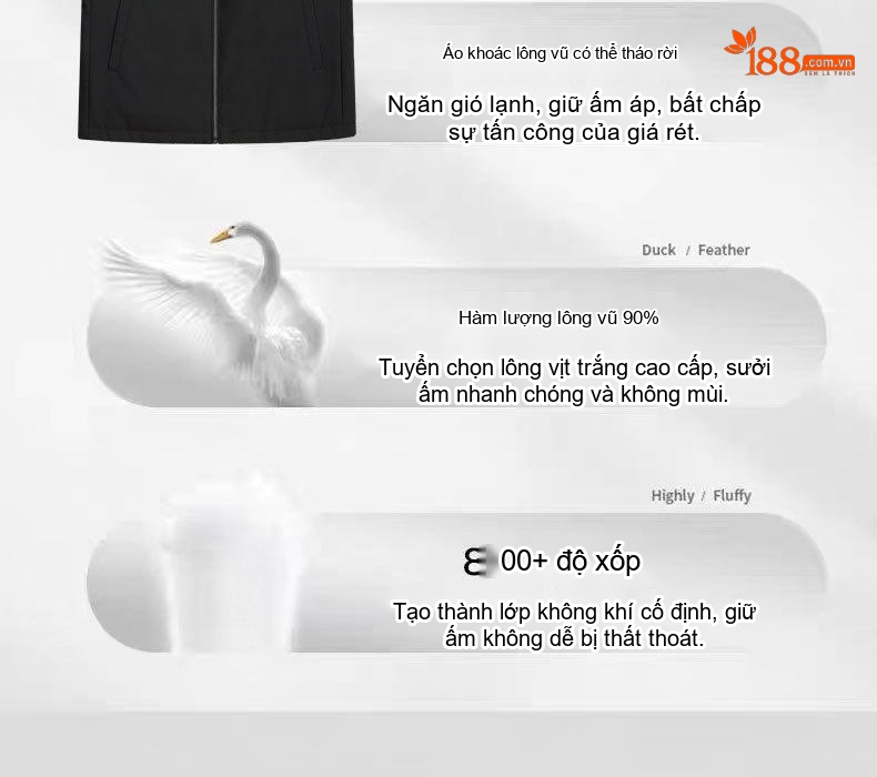 Áo Khoác Phao Nam Dáng Dài Lót Lông Vũ Trắng Tháo Rời Màu Đen, Xám chi tiết 4