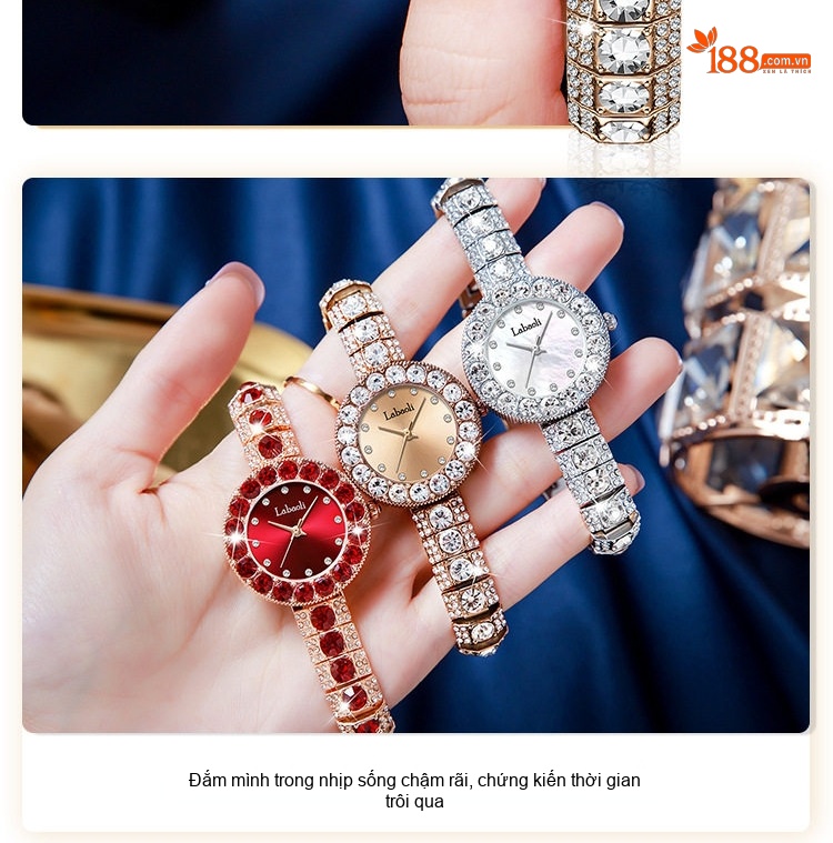 Đồng Hồ Nữ Đính Đá Quartz Mặt Tròn Phong Cách Retro Màu Đỏ, Vàng, Bạc chi tiết 3