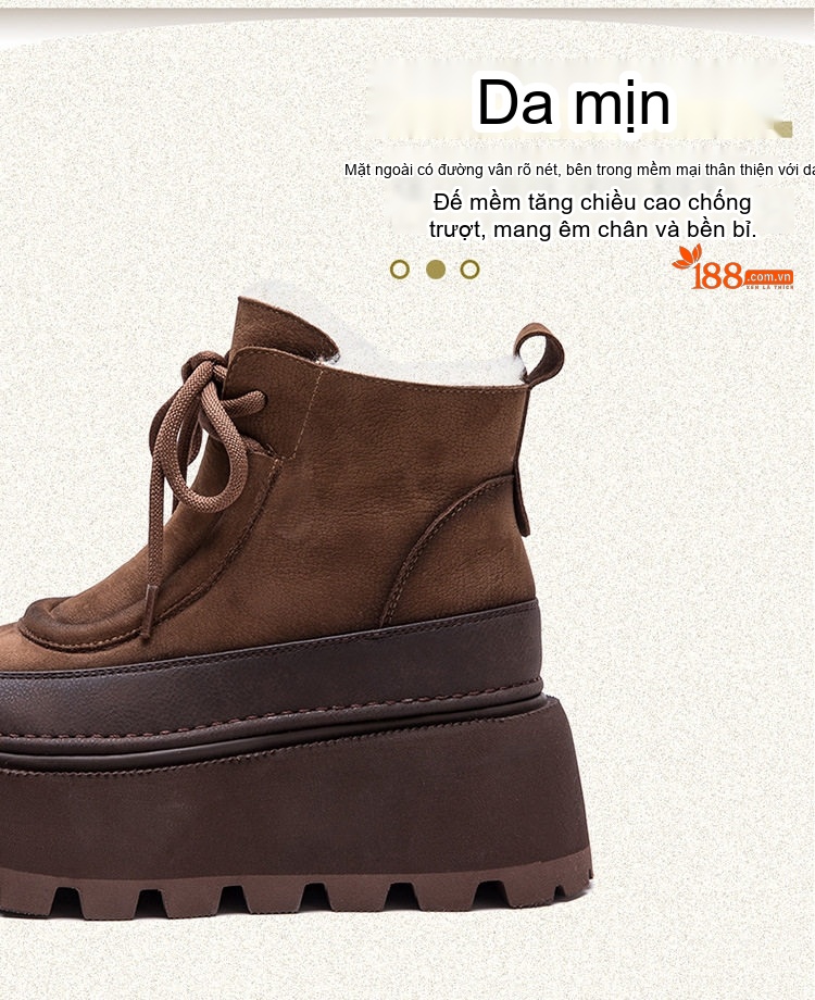 Boot Nữ Da Mờ Lông Cừu Non Mùa Đông Ấm Áp Chiều Cao Đế Khoảng 6cm Màu Nâu chi tiết 4