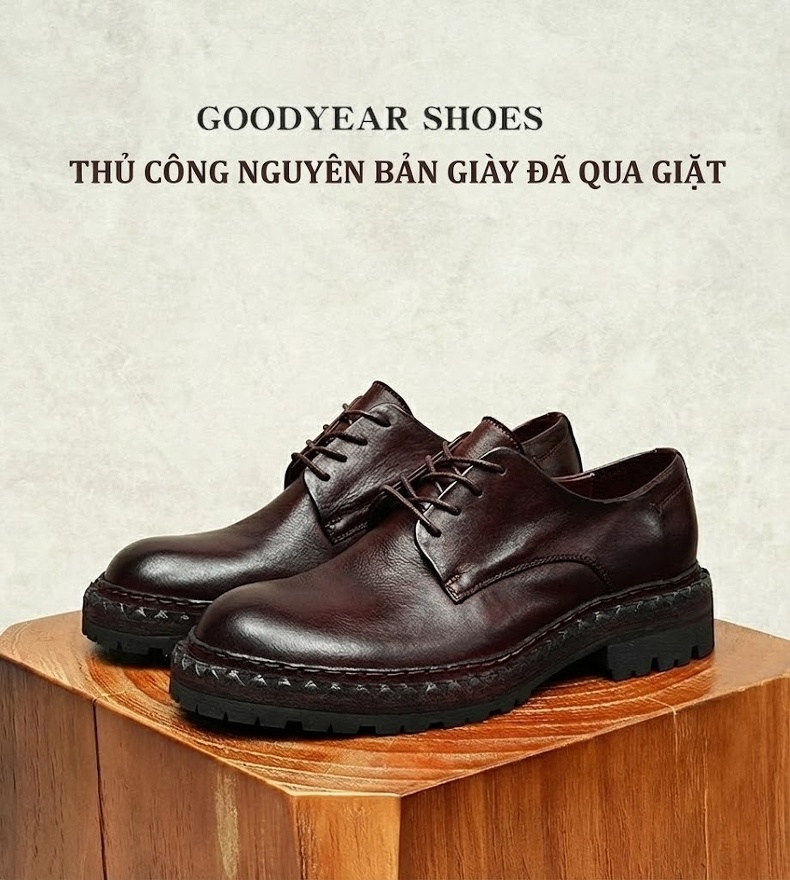 Giày Tây Buộc Dây Nam Da Thật Đế Bằng Chiều Cao Đế Khoảng 4cm Màu Đen, Nâu Đỏ chi tiết 12