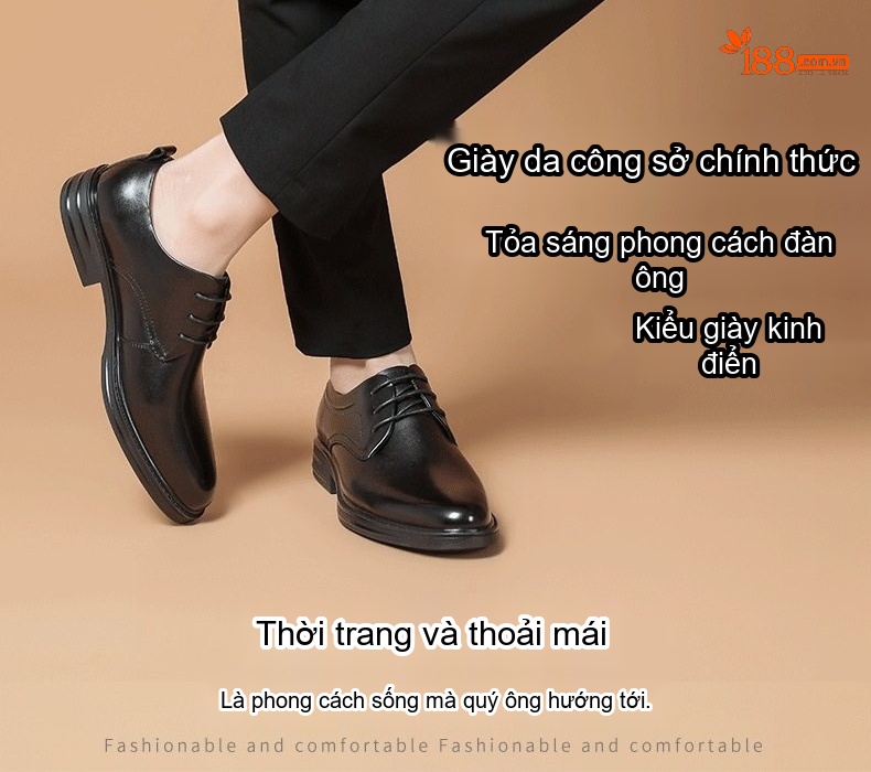 Giày Tây Buộc Dây Nam Da Bò Chiều Cao Đế Khoảng 3cm Màu Đen chi tiết 2
