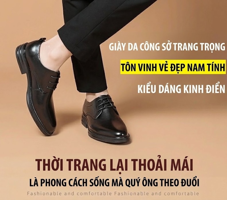 Giày Tây Buộc Dây Nam Da Bò Chiều Cao Đế Khoảng 3cm Màu Đen chi tiết 2