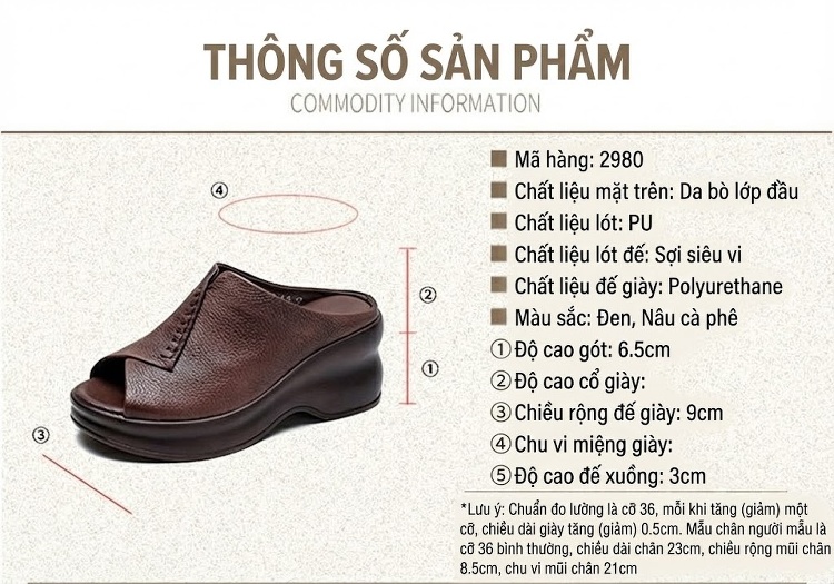 Dép Sục Nữ Da Mờ Đế Xuồng Hở Mũi Chiều Cao Đế Khoảng 6cm Màu Đen, Nâu chi tiết 2