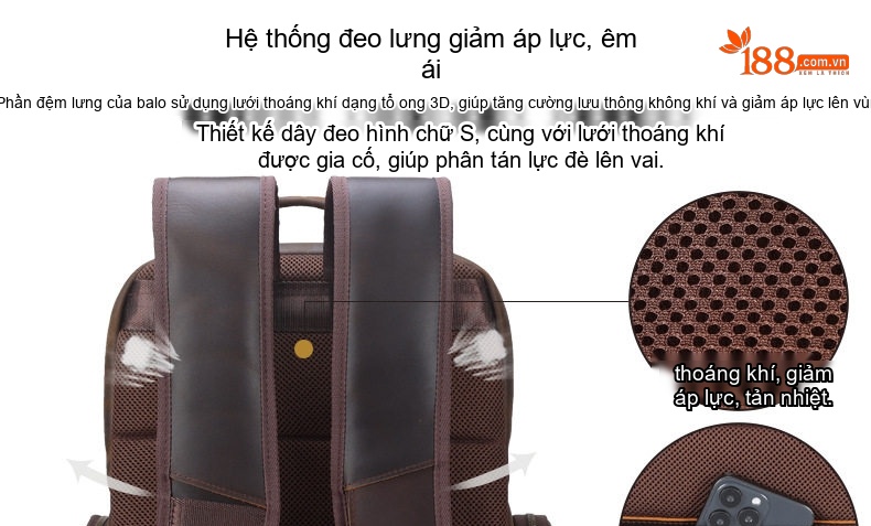 Balo Da Bò Đựng Laptop 15.6 Inch Phong Cách Retro Màu Nâu chi tiết 6