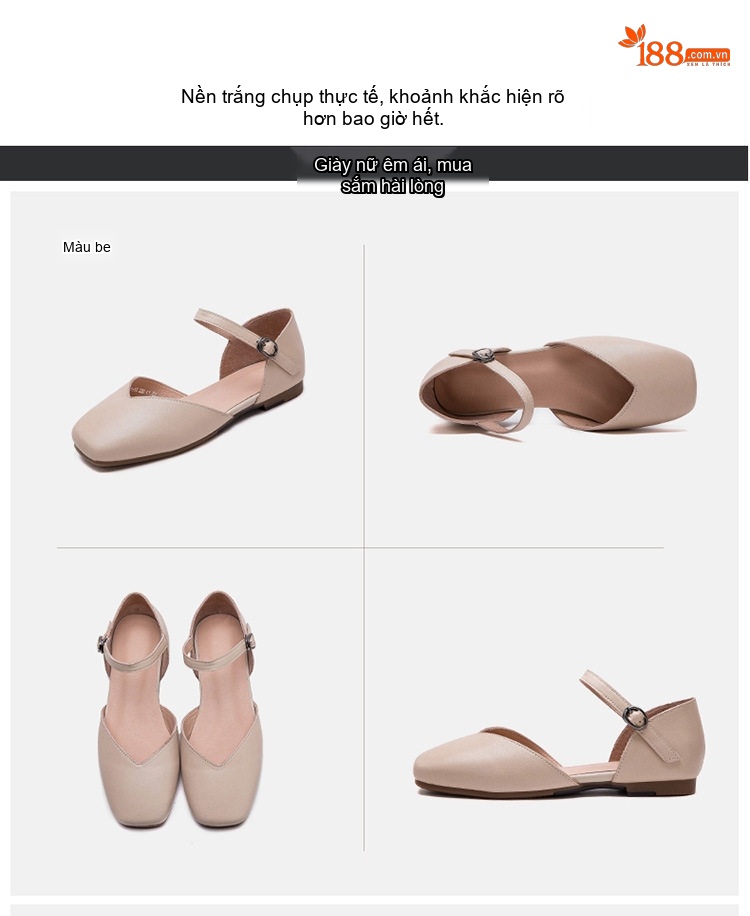 Dép Sandal Nữ Bít Mũi Da Bò Quai Ngang Khóa Cài Đế Cao 3cm - 4cm Màu Kem, Nâu chi tiết 16