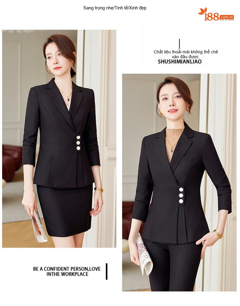 Bộ Vest Nữ Thiết Kế Thời Trang Thu Đông Dáng Ôm Công Sở Cao Cấp Màu Đen chi tiết 9