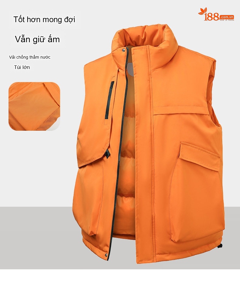 Áo Gile Nam Nữ Phom Rộng Mùa Đông Chống Thấm Nước Có Cổ Màu Cam, Trắng, Đen chi tiết 4