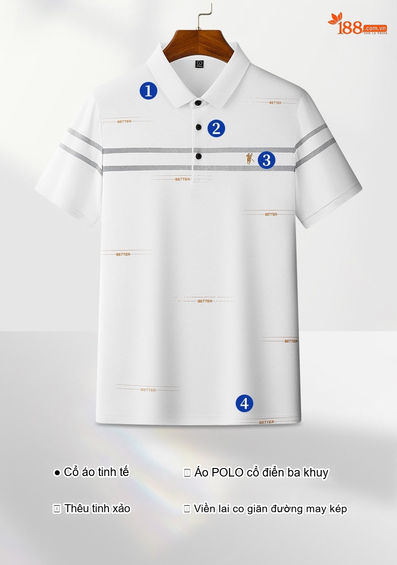 Áo Polo Nam Sợi Tơ Cotton Thời Trang Thanh Lịch Màu Trắng, Kem, Xanh, Đen chi tiết 10