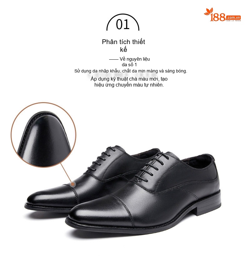 Giày Tây Buộc Dây Nam Da Bò Kiểu Oxford Chiều Cao Đế Khoảng 3cm Màu Đen, Nâu chi tiết 1