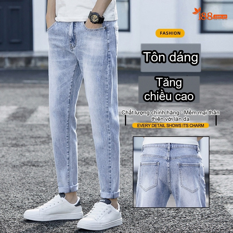 Quần Jean Nam Dáng Slim Fit Ống Lửng Phong Cách Casual Màu Xanh