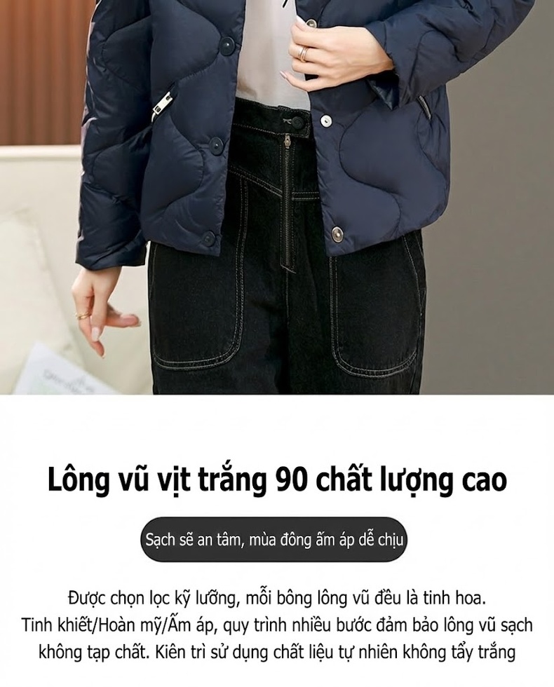 Áo Khoác Phao Nữ Lông Vũ Dáng Ngắn Thời Trang Thu Đông Màu Xanh Navy, Đen chi tiết 8