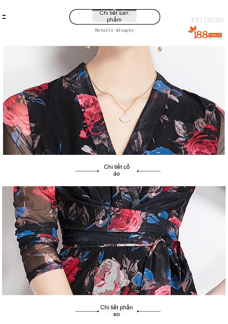 Váy liền thân Nữ Chữ V Cổ Dây Rút Lưới Mỏng Dáng Ôm In Hoa Phong Cách Pháp Cổ Điển Màu Cam, Hồng, Xanh, Đen... chi tiết 15