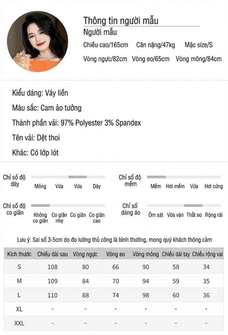 Váy liền thân Nữ Tay Lỡ Cổ Tròn Thiết Kế Ôm Dáng Màu Cam chi tiết 2