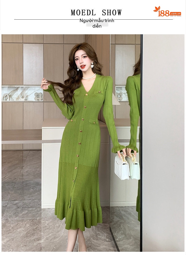 Váy Dệt Kim Nữ Cổ chữ V Tay Dài Xếp Ly Viền Bèo Nhún Màu Đen, Kem, Xanh chi tiết 5