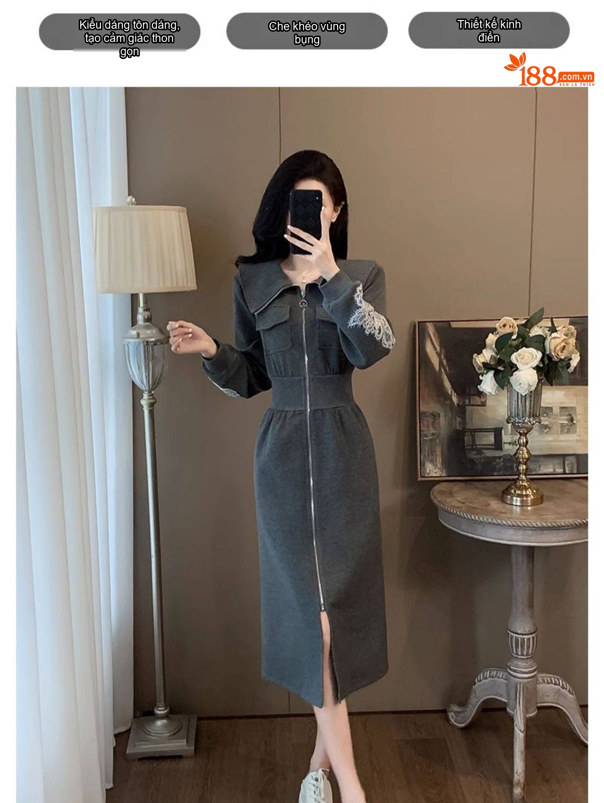 Váy Thun Nữ Dáng Dài Tay Dài Cổ Bẻ Khóa Kéo Eo Thun Màu Xám chi tiết 11