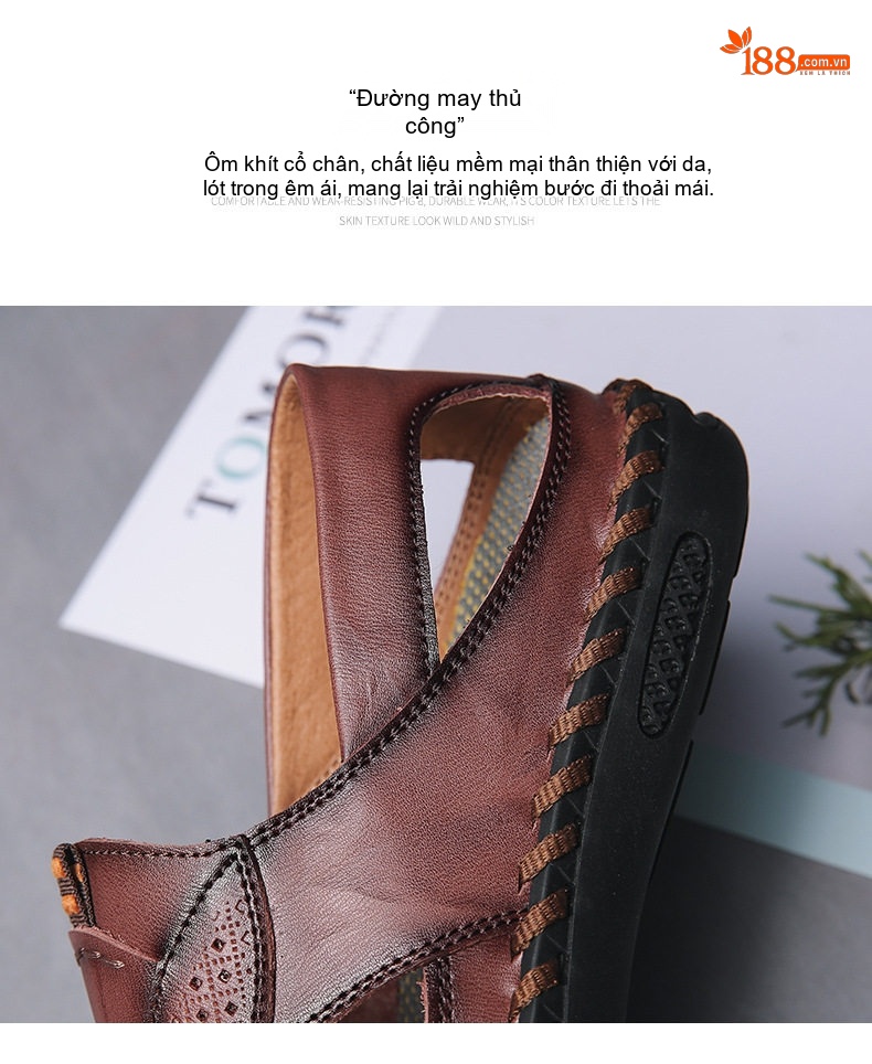 Dép Sandal Nam Da Bóng Mềm Mại Thoáng Khí Chống Trượt Đế Cao 2cm chi tiết 8