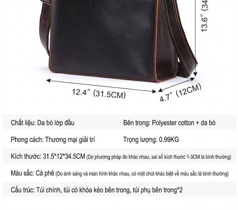 Túi Đeo Vai Nam Da Bò Crazy Horse Đựng Laptop Công Sở Màu Nâu Đậm, Nâu Vàng chi tiết 1