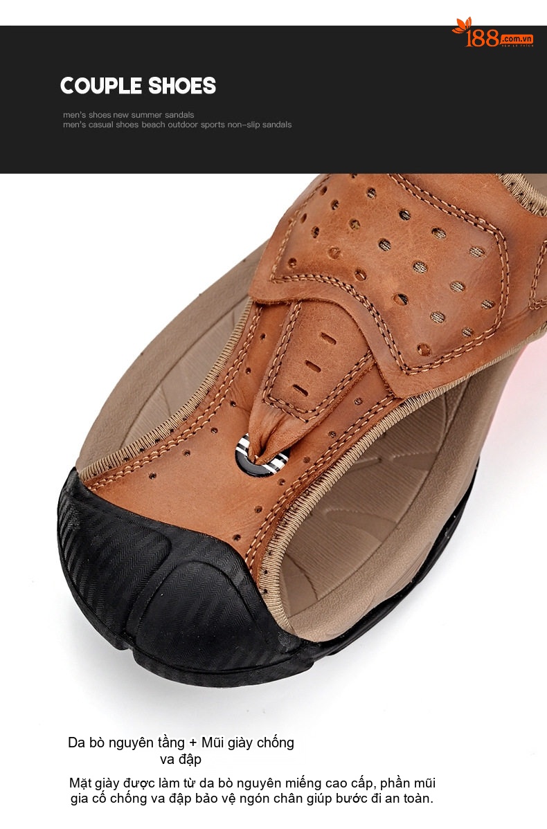 Dép Sandal Nam Da Thật Bít Mũi Thoáng Khí Chiều Cao Đế Khoảng 3cm Màu Nâu, Xám, Đen chi tiết 12