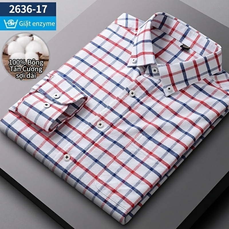 Áo Sơ Mi Nam Tay Dài Cotton Oxford Giặt Nước Kẻ Caro Mặc Đơn Giản Lót Trong Công Sở Màu Trắng, Xanh Dương, Xám, Hồng...