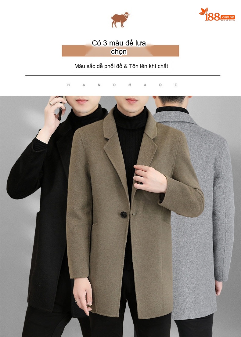 Áo Khoác Dạ Nam Dáng Dài Vừa Cổ chữ Vest Thiết Kế Thủ Công Màu Đen, Xám, Nâu chi tiết 11