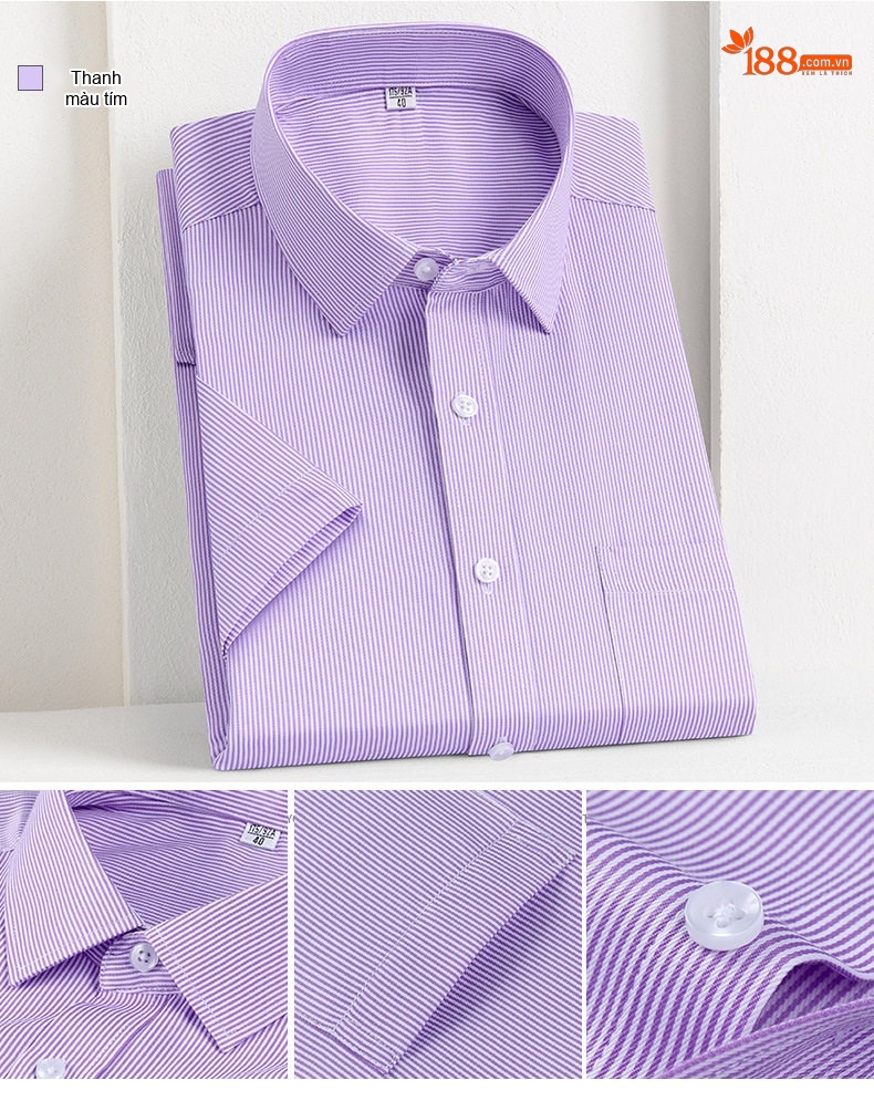 Áo Sơ Mi Nam Cotton Ngắn Tay Dáng Ôm Chống Nhăn Màu Trắng, Xanh Dương, Tím, Xám... chi tiết 11