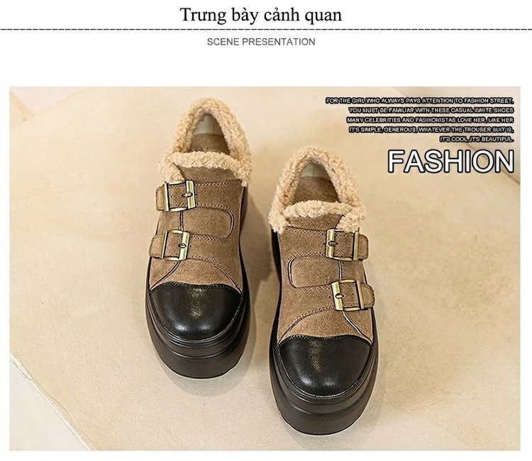 Giày Búp Bê Nữ Da Mờ Quai Dán Chiều Cao Đế 8cm Lót Lông Màu Đen, Nâu chi tiết 21