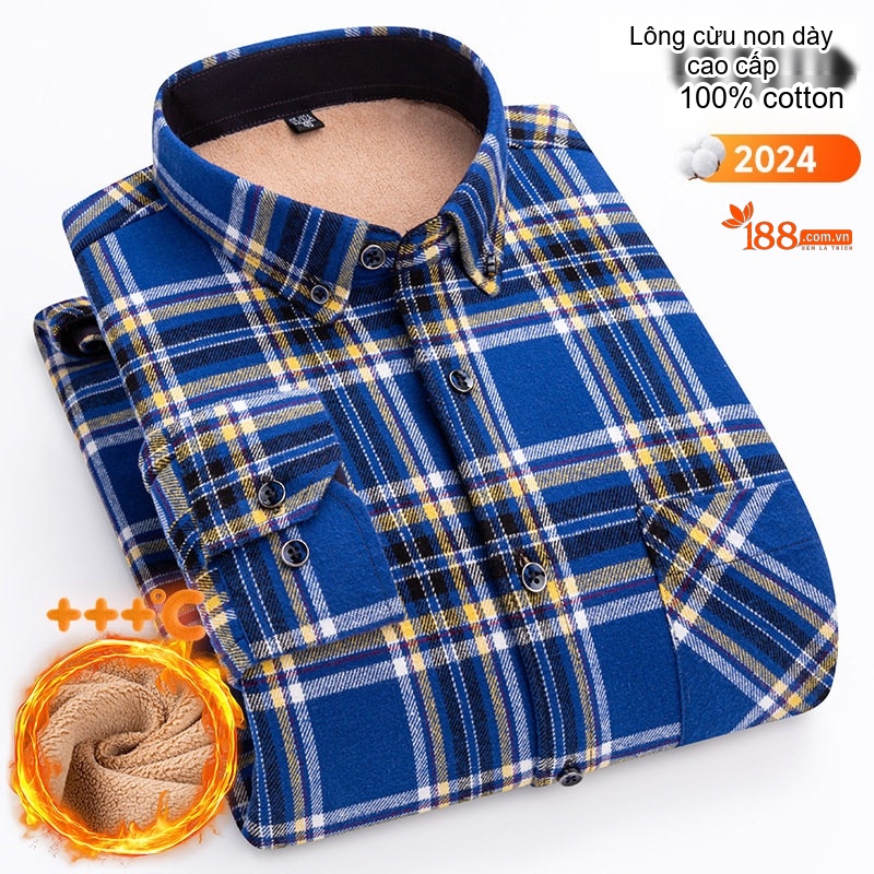 Áo Sơ Mi Nam Ca Rô Lông Cừu Non Cotton Dày Dặn Giữ Ấm Màu Đen, Đỏ, Xanh Dương, Xanh Lá...