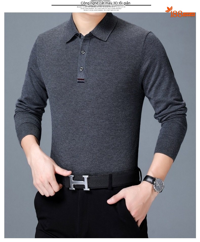 Áo Thun Polo Nam Dài Tay Dệt Kim Cashmere Phong Cách Doanh Nhân Màu Đỏ Rượu, Xám, Xanh Dương, Xanh Lá... chi tiết 14