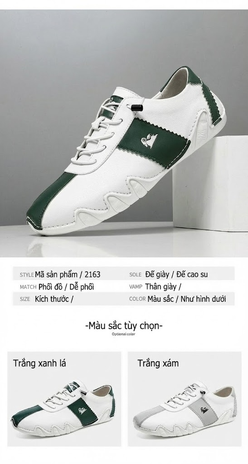 Giày Thể Thao Nam Nữ Dáng Thấp Chiều Cao Đế Khoảng 2cm Màu Trắng, Xám, Xanh Lá chi tiết 3