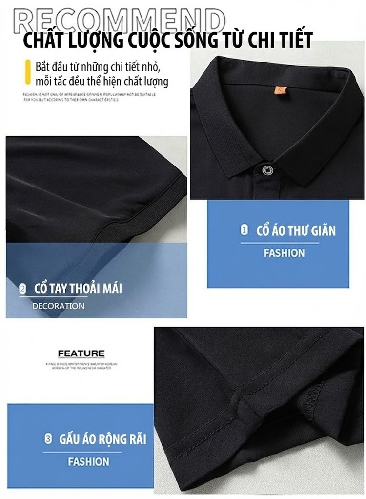 Áo Polo Nam Tay Ngắn Lụa Tơ Tằm Cổ Bẻ Dáng Rộng Màu Đen chi tiết 10