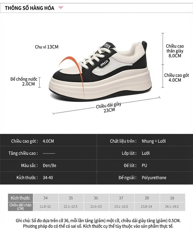 Giày Thể Thao Nữ Da Thật Kiểu Dáng Sneaker Chiều Cao Đế Khoảng 4cm Màu Trắng, Đen chi tiết 5