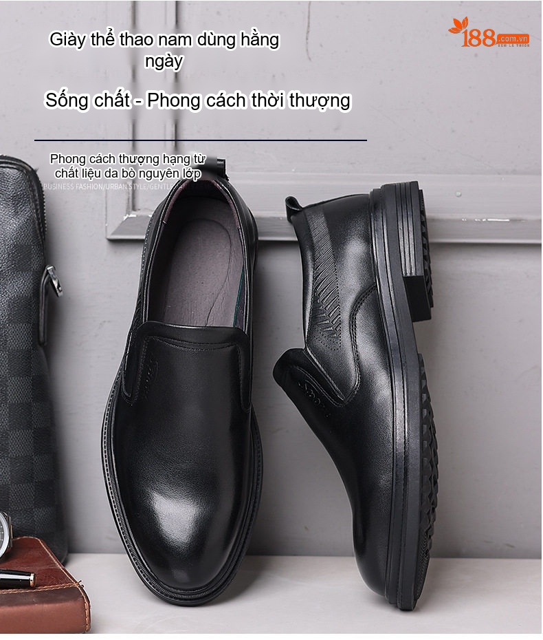 Giày Lười Nam Da Bò Đế Mềm Thoải Mái Chiều Cao Đế Khoảng 3cm Màu Đen chi tiết 1