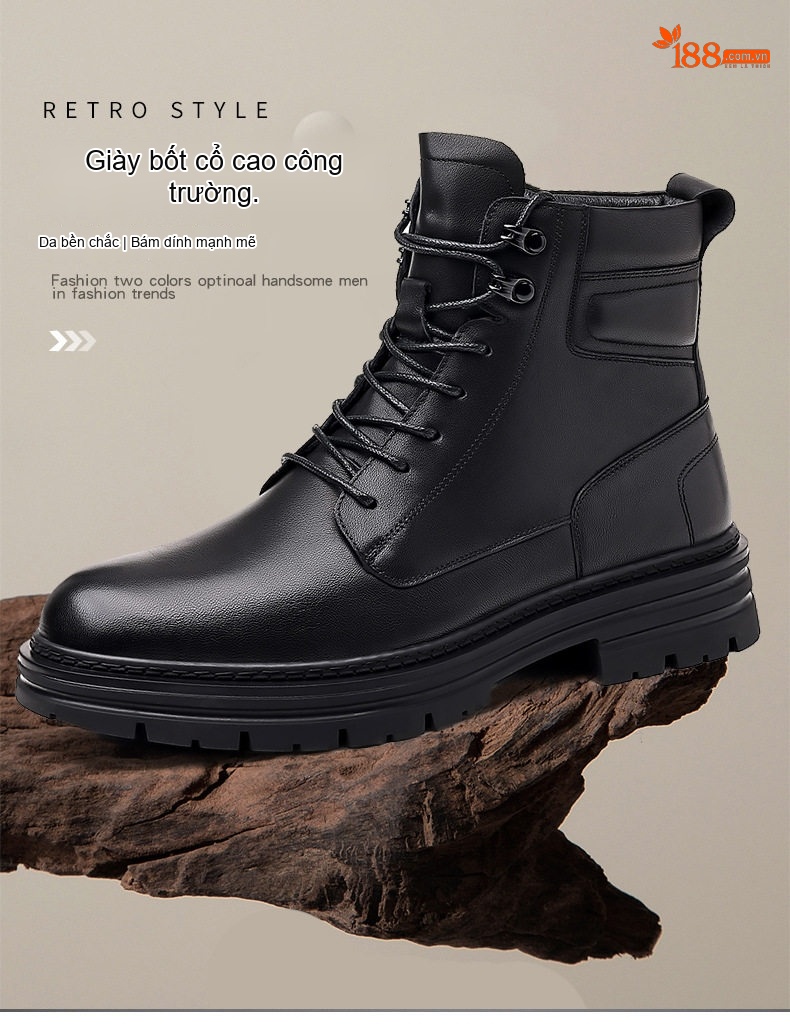 Boot Martin Nam Da Bò dáng chữ Anh Quốc Đế Dày Chiều Cao Đế Khoảng 5cm Màu Đen chi tiết 1