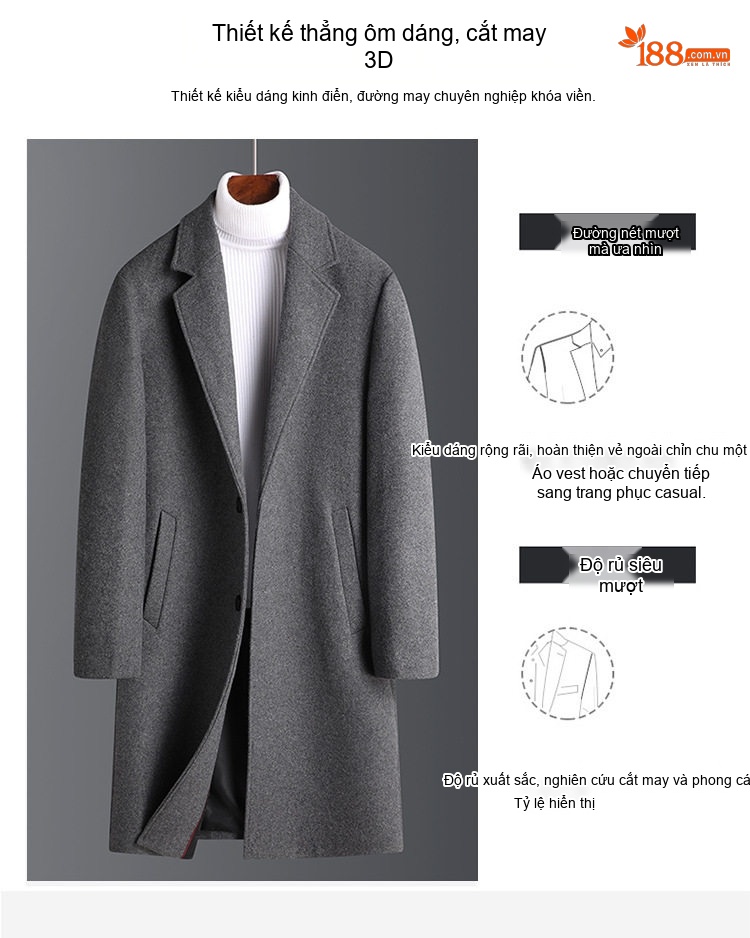 Áo Khoác Dạ Nam Dáng Dài Vừa Cổ chữ Vest Lót Lông Dày Dặn Màu Đen, Xanh Navy, Xám, Đỏ Rượu Vang chi tiết 4